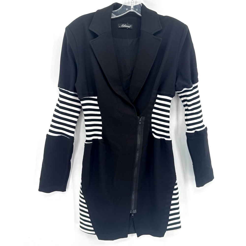 Athina Blazer Dress M Black White Striped Zip Front Long Sleeve Retro 80's Style
